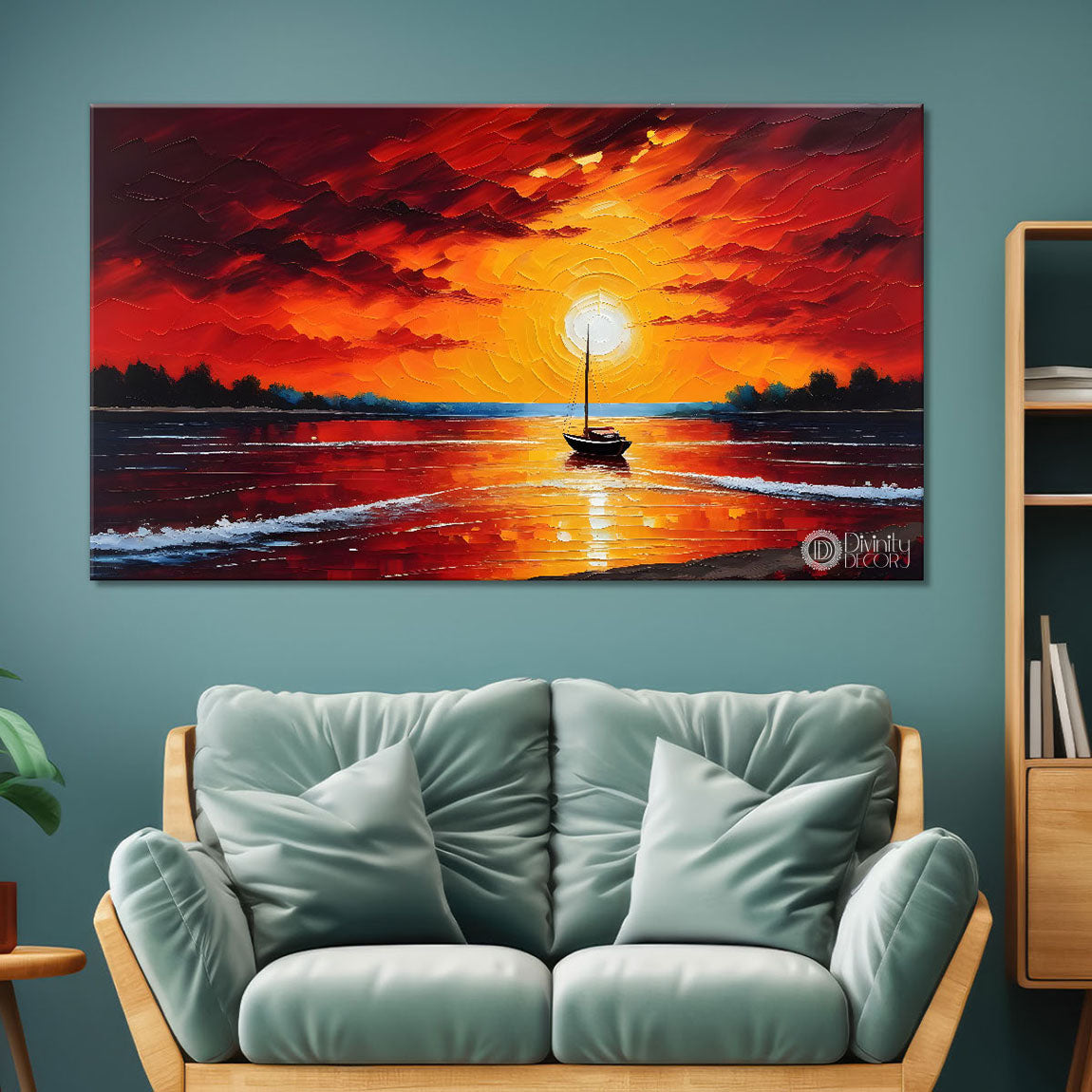 Boat in sea with red sunset background textured modern art canvas painting - Design - River-44