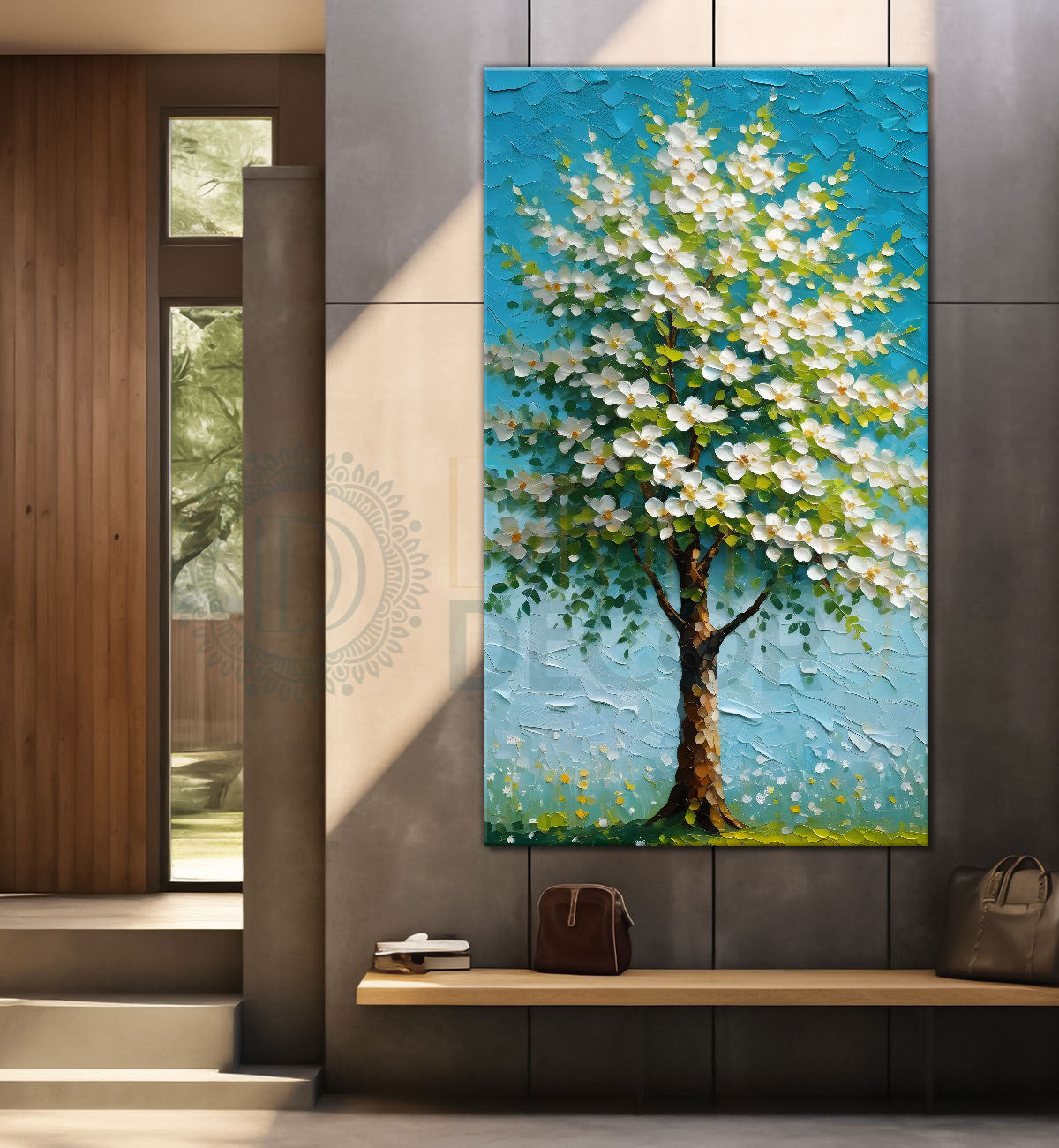 White flowers tree in textured oil painting Canvas painting - Tree-V-44