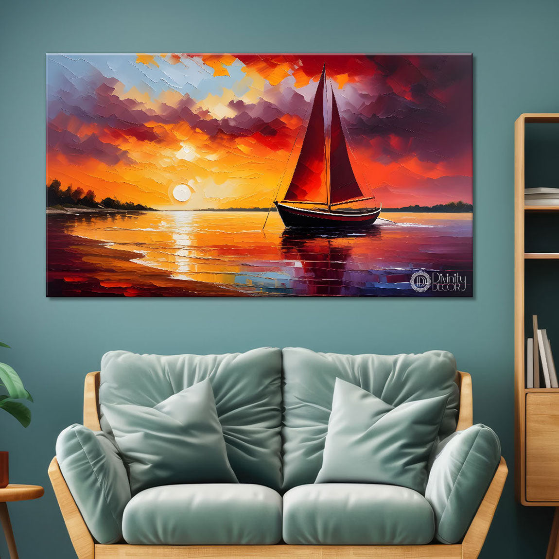 Boat in sea with red sunset background textured modern art canvas painting - Design - River-45