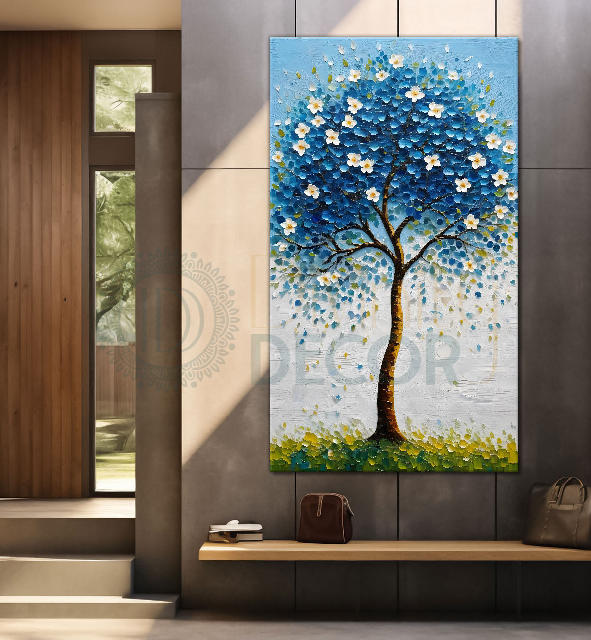 White flowers blue tree in textured oil painting Canvas painting - Tree-V-45