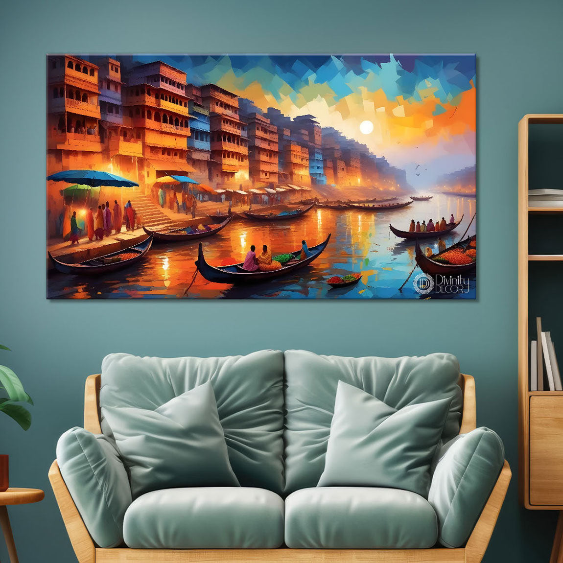 Banaras Ghaat view in textured modern art canvas painting - Design - River-46