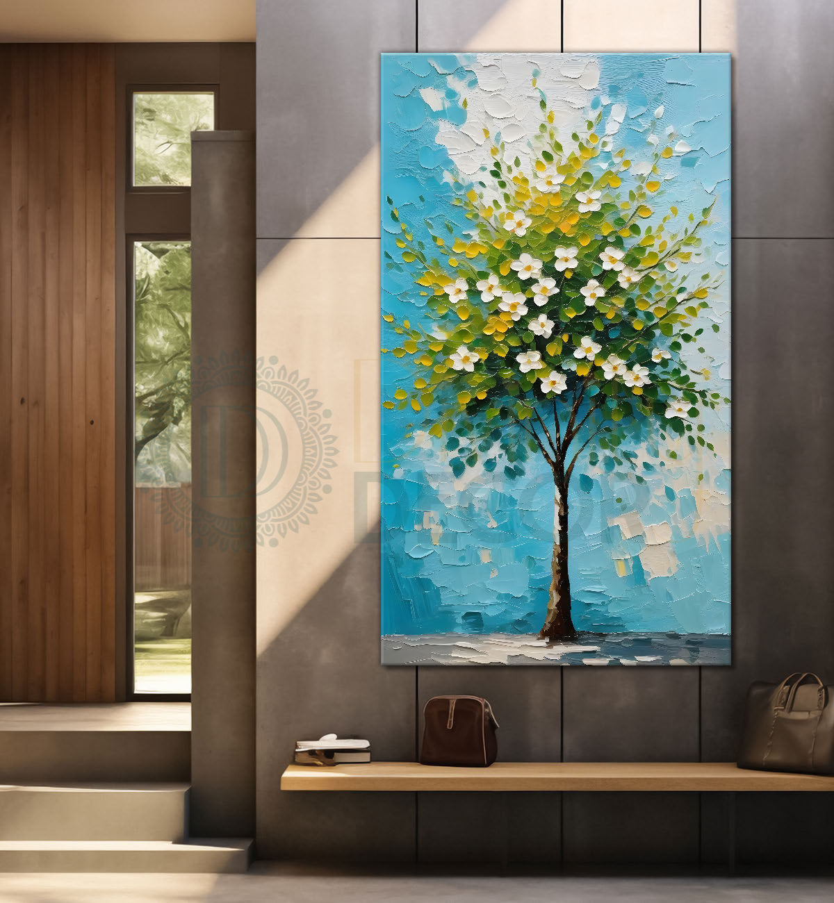 White flowers tree in textured oil painting Canvas painting - Tree-V-46