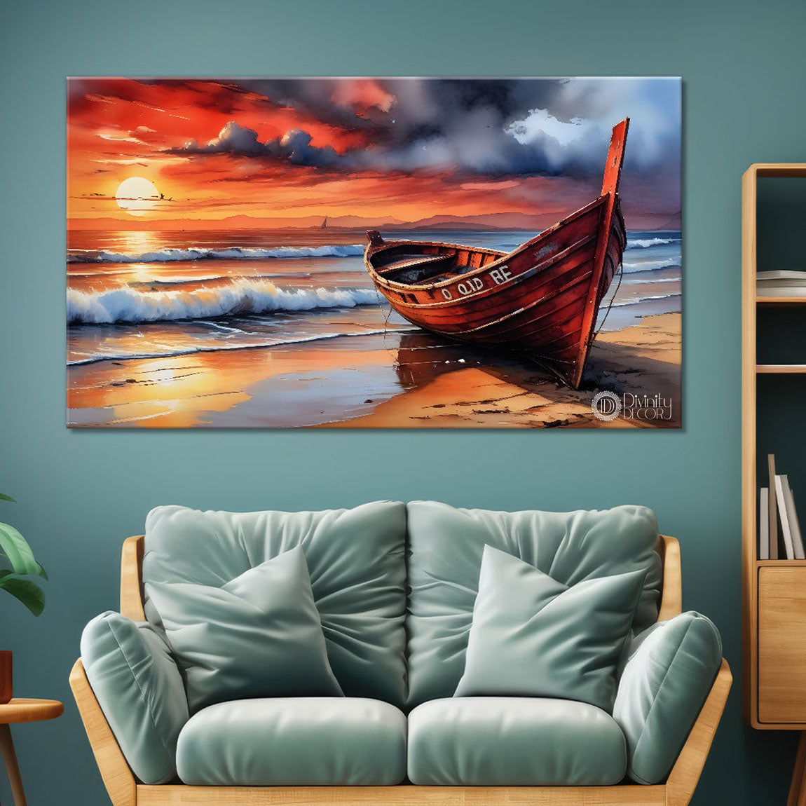 Boat on a beach with sunset background textured modern art canvas painting - Design - River-47