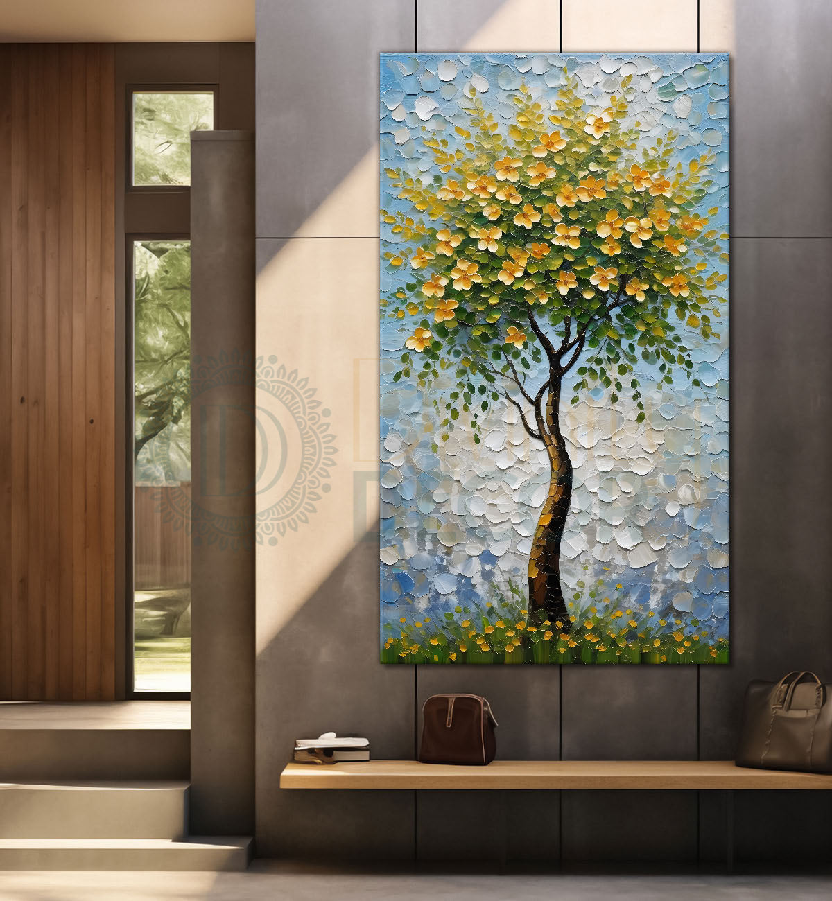 White flowers tree in textured oil painting Canvas painting - Tree-V-47