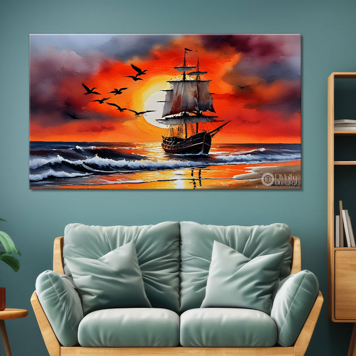 Boat in sea with red sunset and birds background textured modern art canvas painting - Design - River-48
