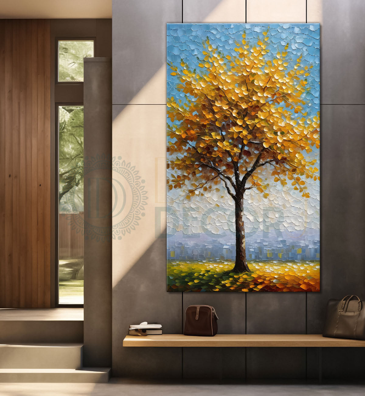 White flowers tree in textured oil painting Canvas painting - Tree-V-48
