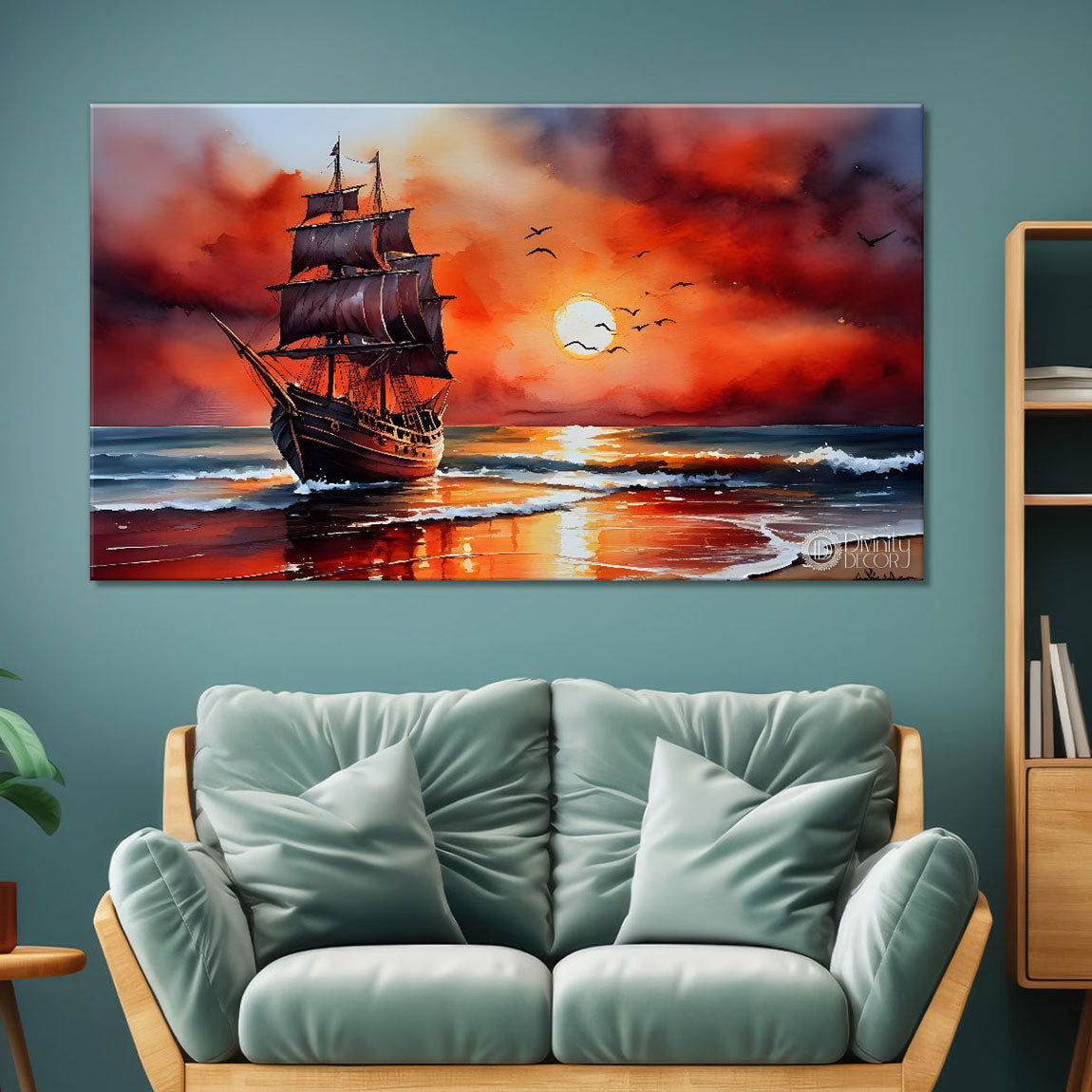 Ship in the sea with sunrise background textured modern art canvas painting - Design - River-49