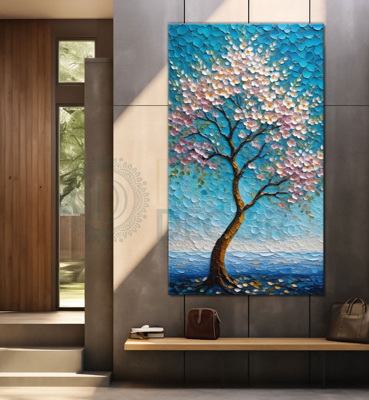 Spring tree with beautiful sky blue background textured modern art  Canvas painting - Tree-V-49