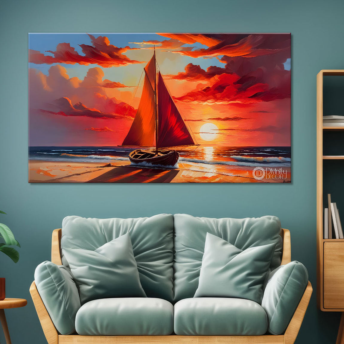 Boat on a beach with sunrise background textured modern art canvas painting - Design - River-50