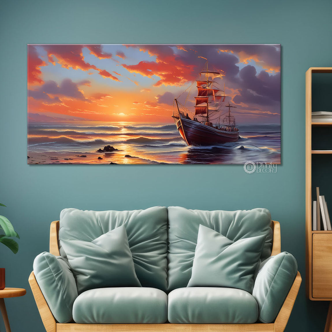 Ship in the sea with sunrise background textured modern art canvas painting - Design - River-51