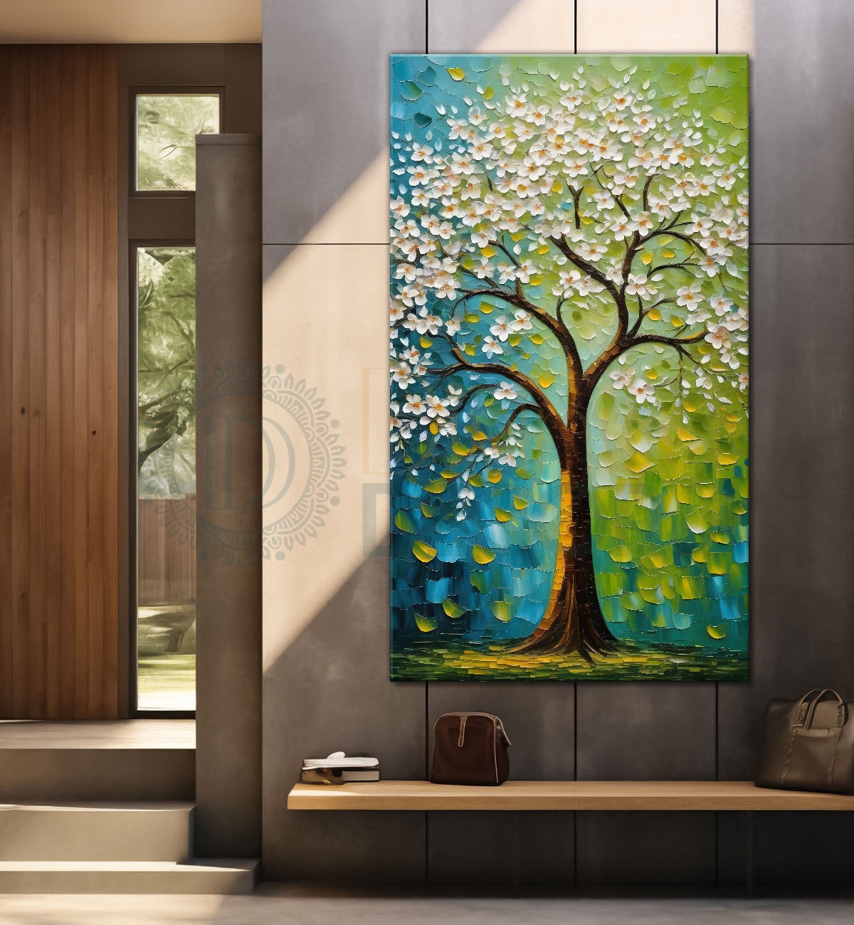 White flowers tree in textured oil painting Canvas painting - Tree-V-51