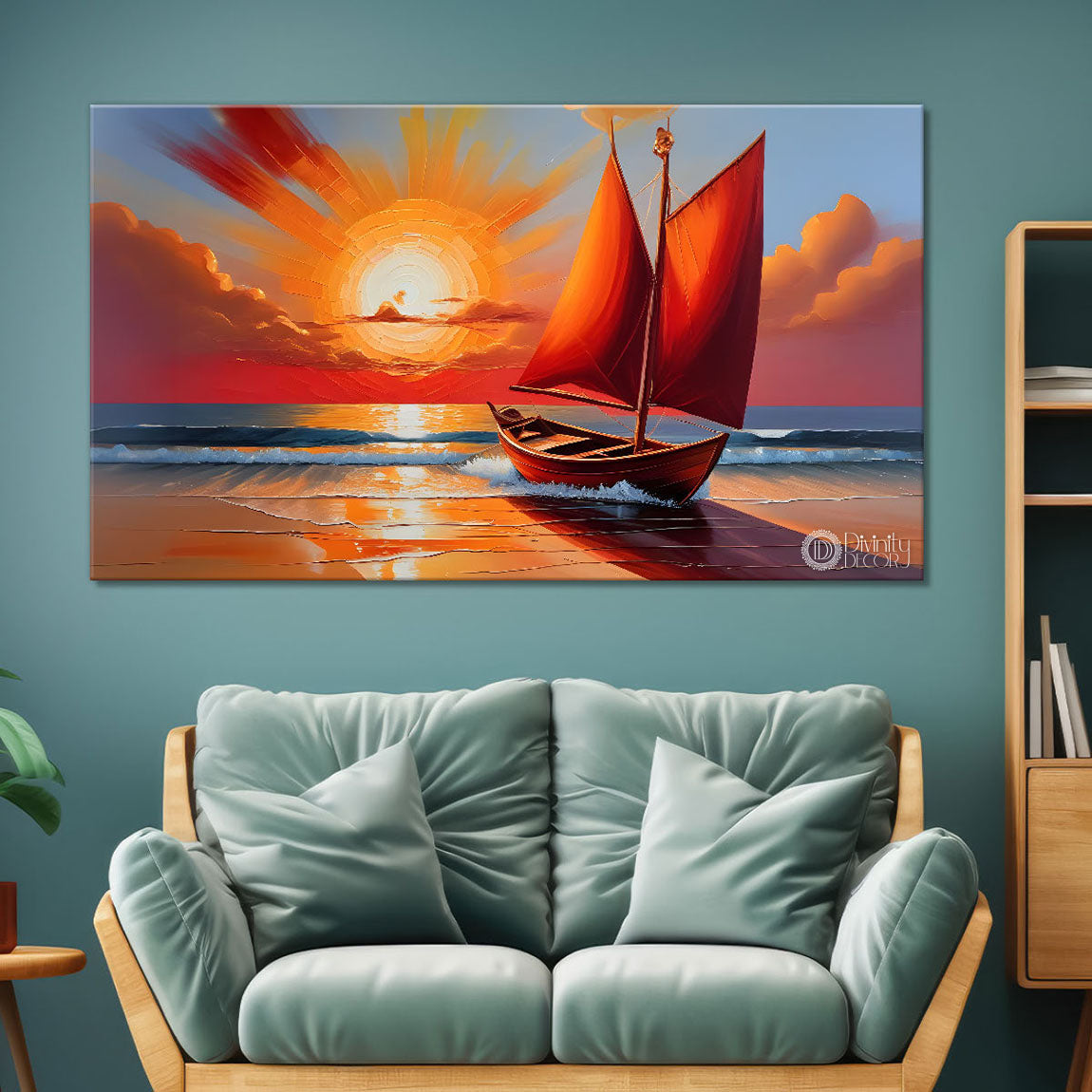 Boat on a beach with sunrise background textured modern art canvas painting - Design - River-52