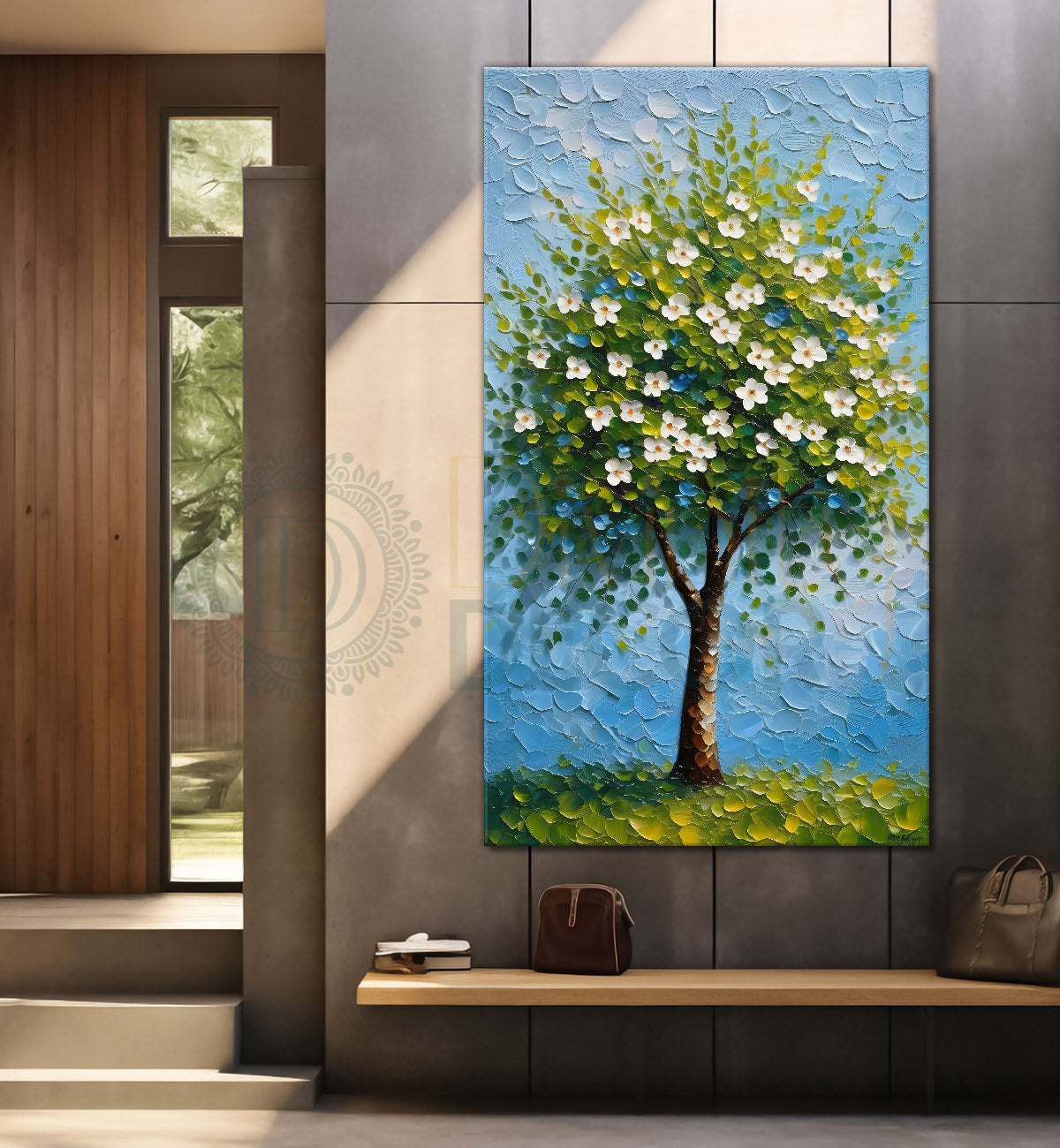 White flowers tree in textured oil painting Canvas painting - Tree-V-52