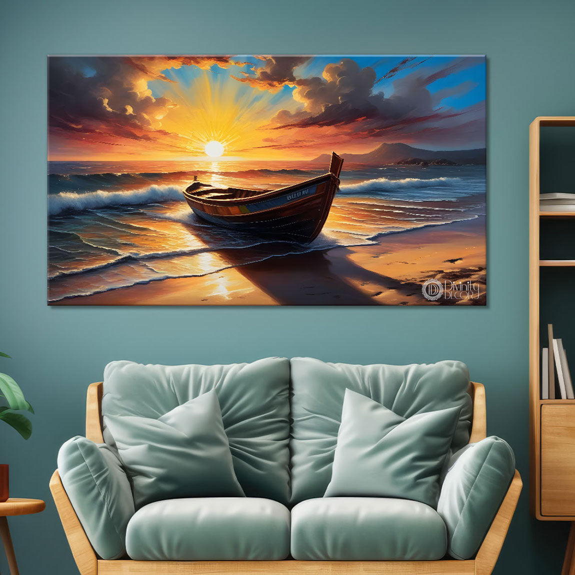 Boat on a beach with sunrise background textured modern art canvas painting - Design - River-53