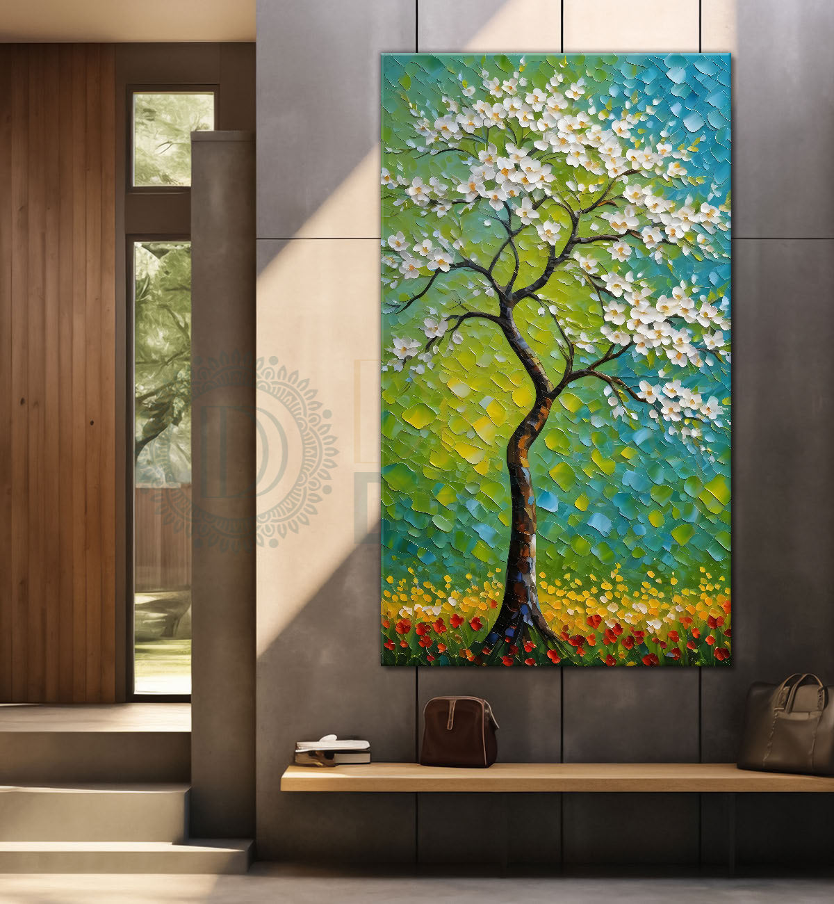 White flowers tree in textured oil painting Canvas painting - Tree-V-53
