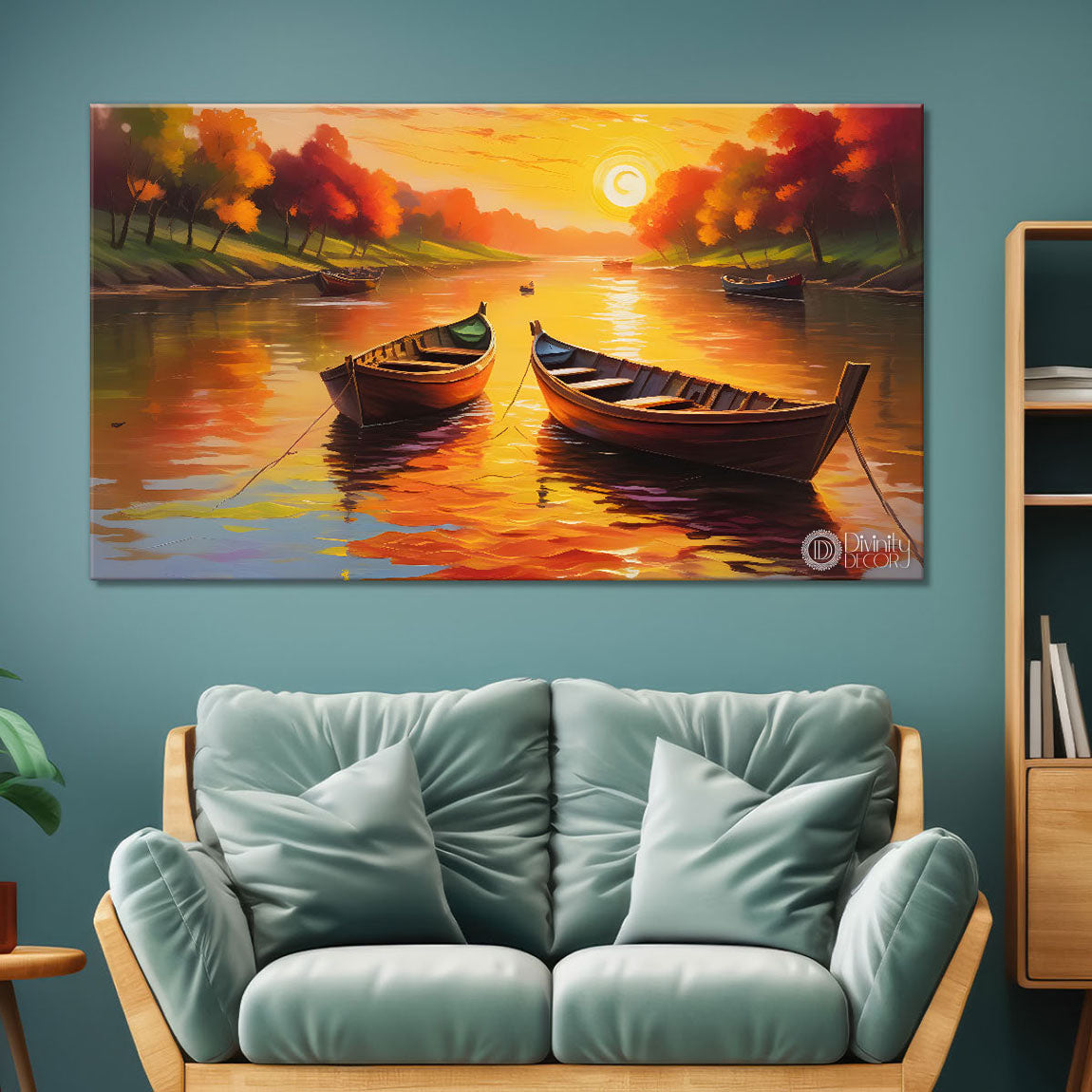 Boats in river with sunset view textured modern art canvas painting - Design - River-54