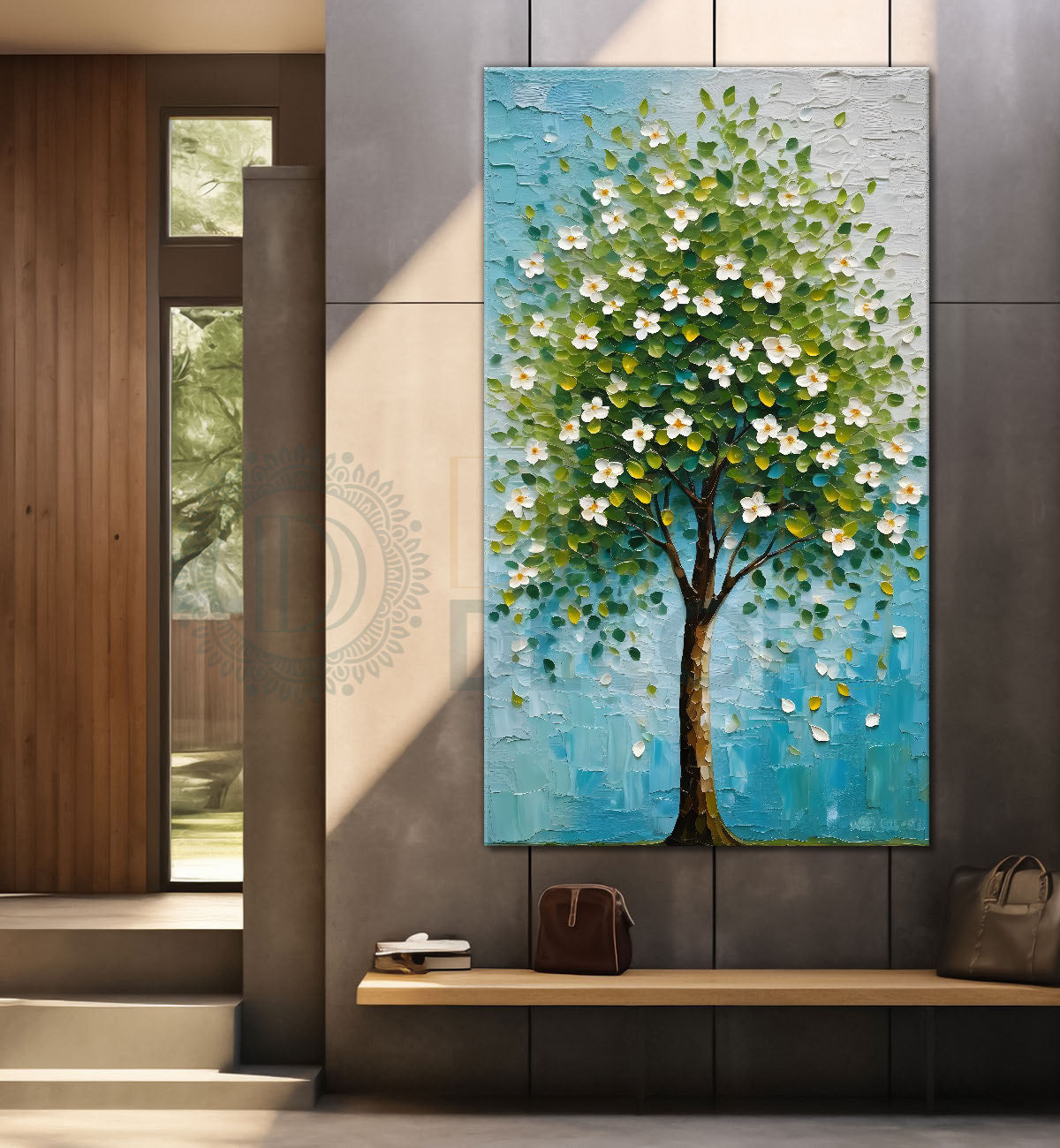 White flowers tree in textured oil painting Canvas painting - Tree-V-54
