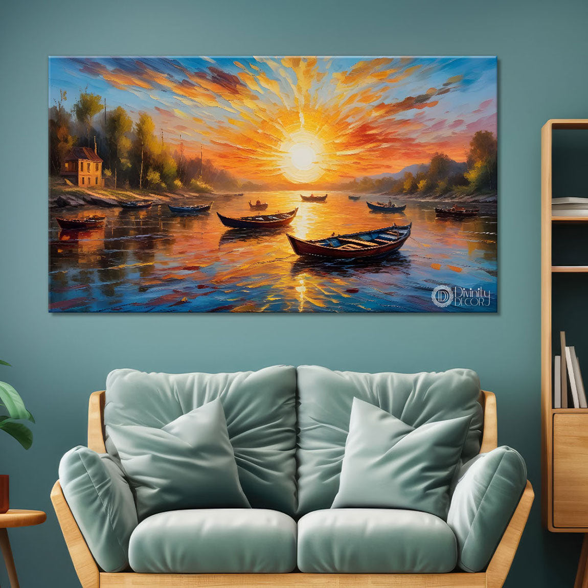 Boats in river with sunset view textured modern art canvas painting - Design - River-55