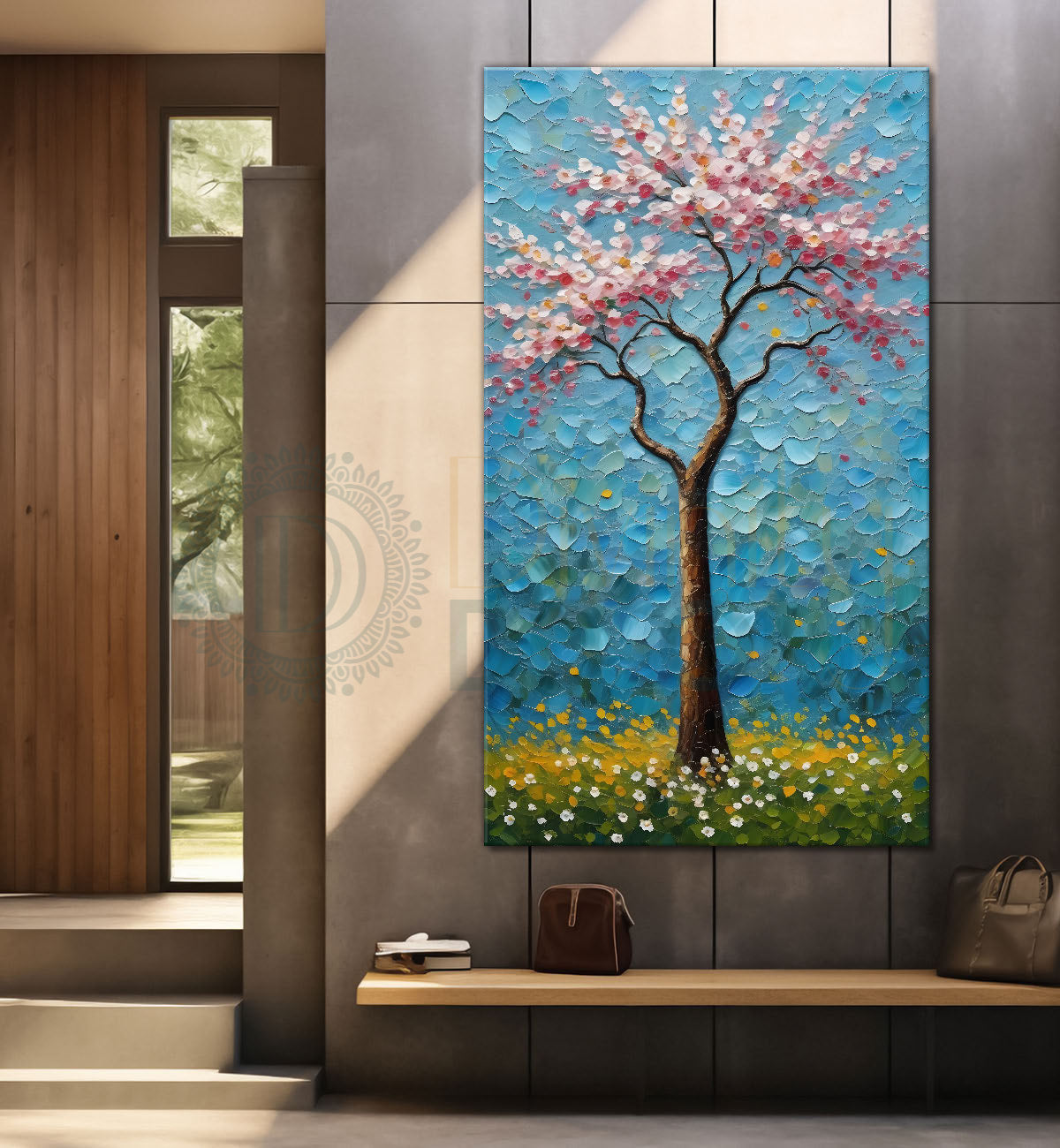 Spring tree with beautiful sky blue background textured modern art Canvas painting - Tree-V-55