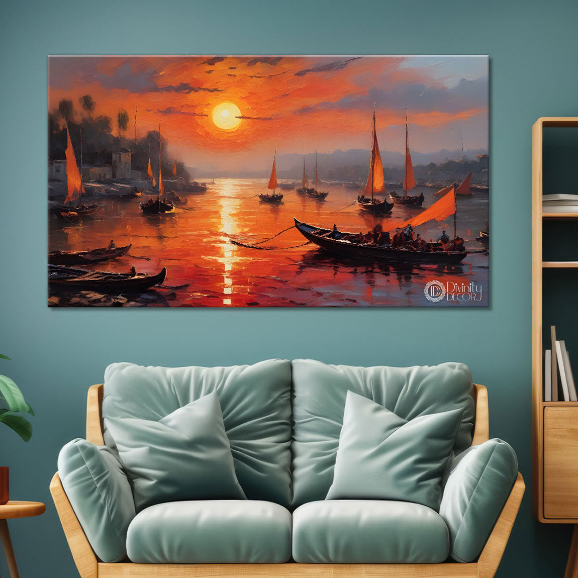 Boats in river with sunset view textured modern art canvas painting - Design - River-56