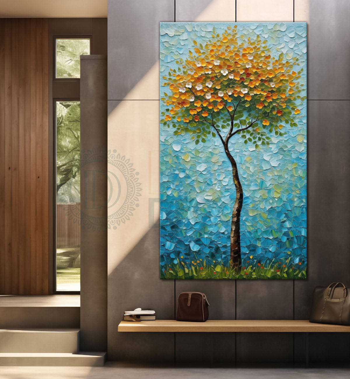 White flowers orange tree in textured oil painting Canvas painting - Tree-V-56