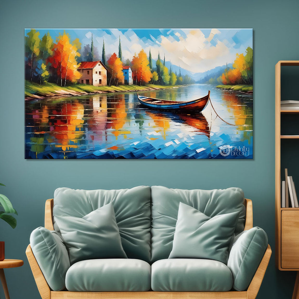 Colorful scenery with boat and houses modern art canvas painting - Design - River-57