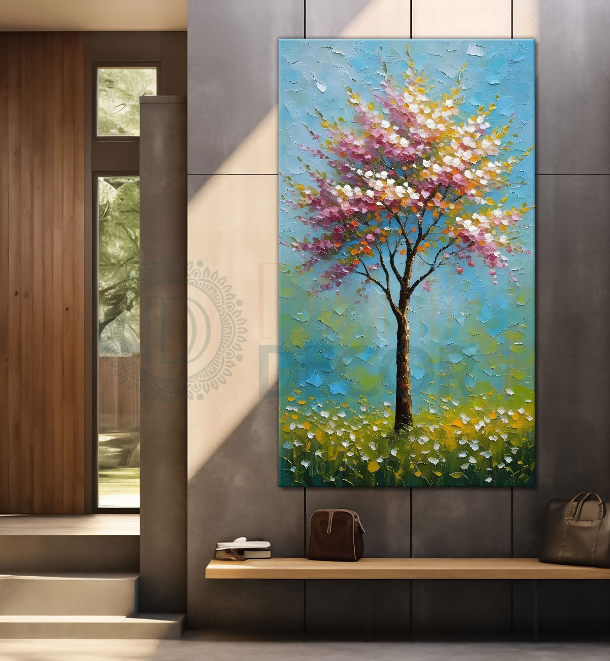 Spring tree with beautiful sky blue background textured modern art Canvas painting - Tree-V-57