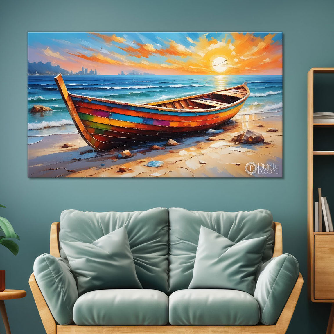 Boat on a beach with sunrise background textured modern art canvas painting - Design - River-58