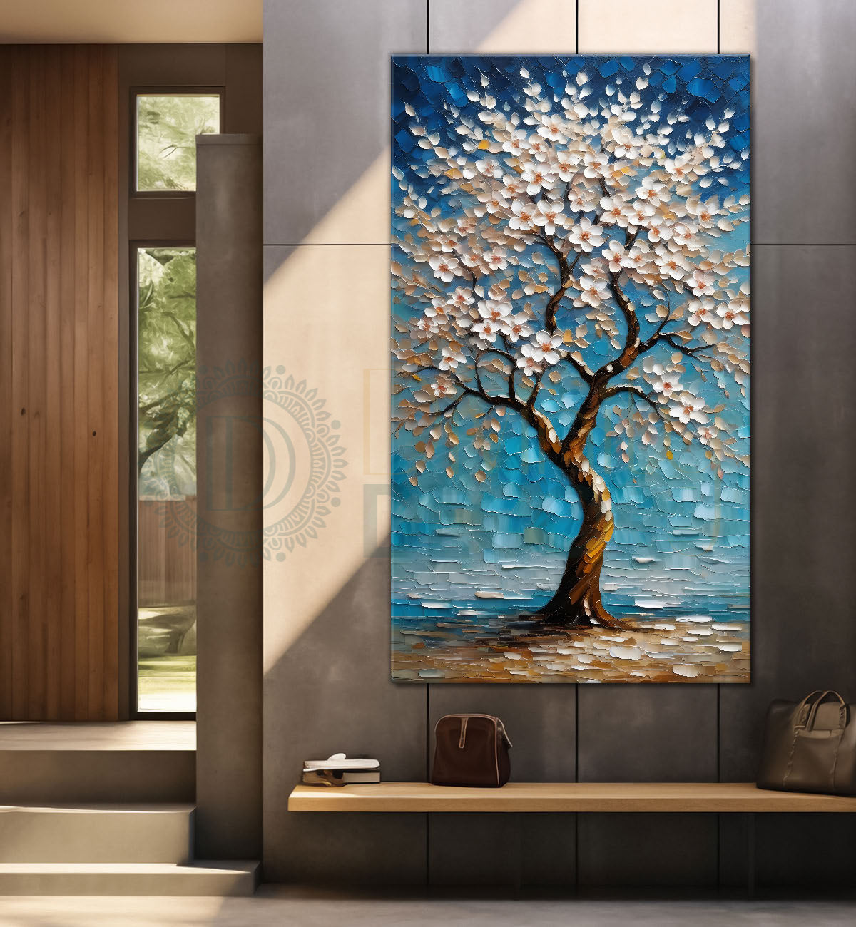 White flowers tree in textured oil painting Canvas painting - Tree-V-58