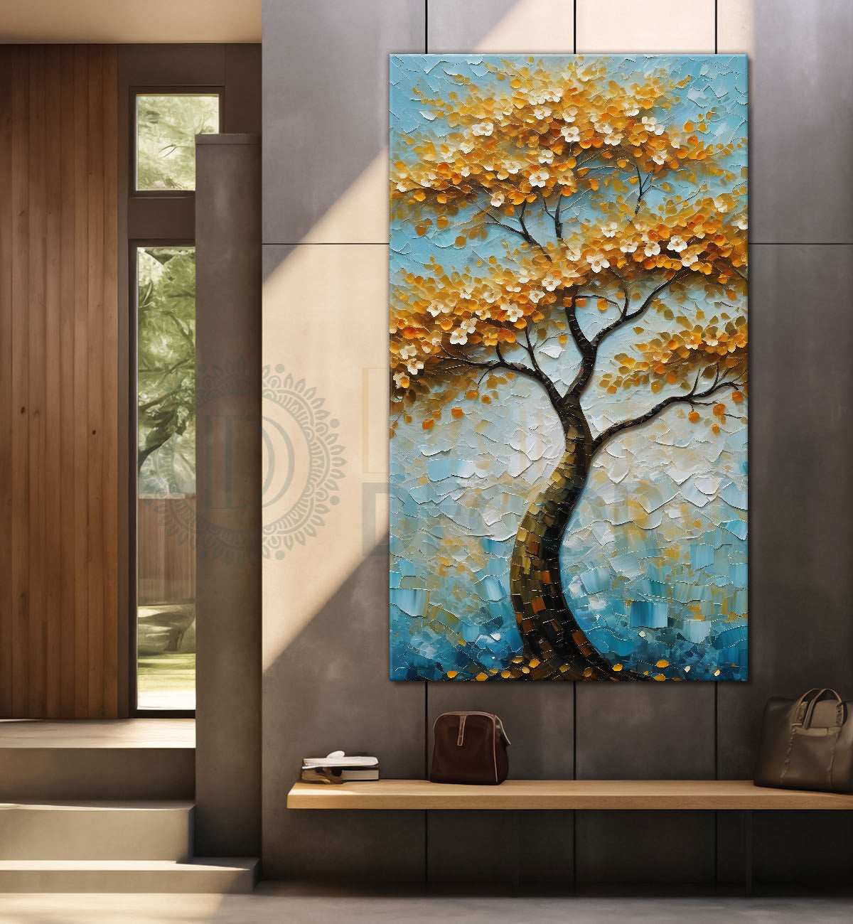White flowers orange tree in textured oil painting Canvas painting - Tree-V-59