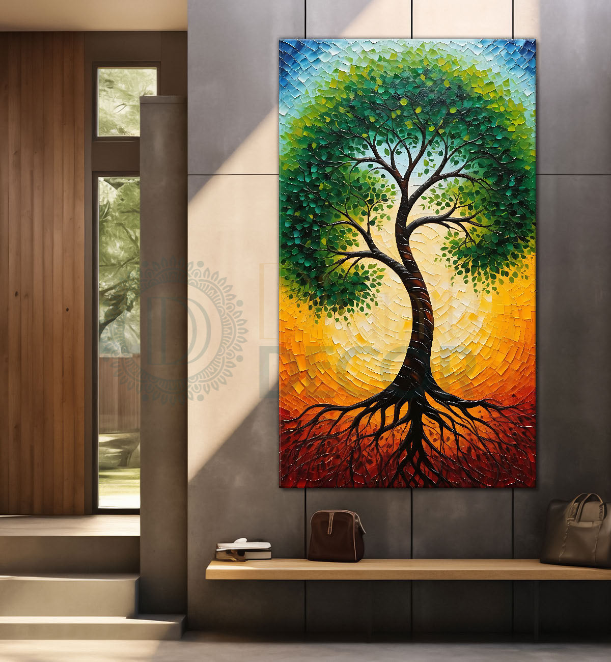 Green Tree in front of sun with bright textured oil painting Canvas painting - Tree-V-62