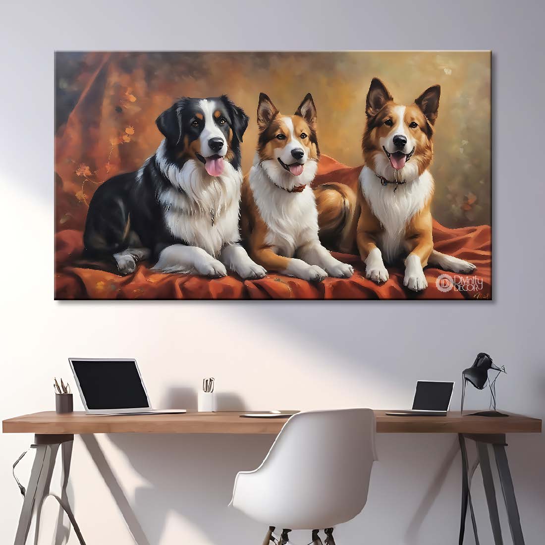 Three dogs sitting together in brown background textured art - Design - Animal - 1