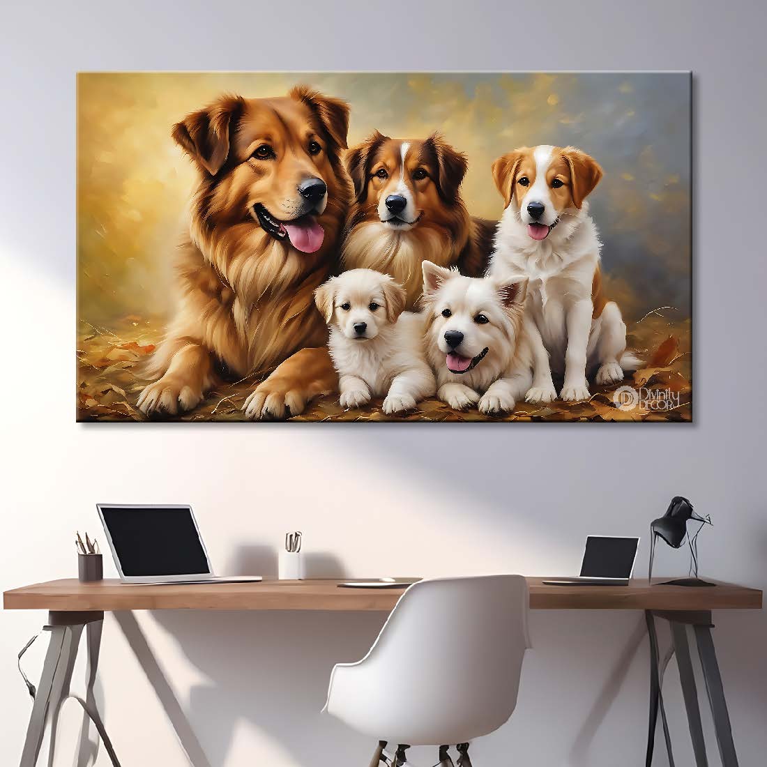 Two brown dogs with their three puppies textured art. - Design - Animal - 4