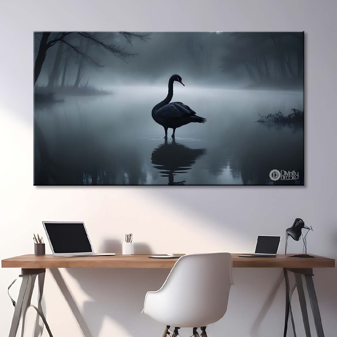 White Swan floating in a fog and trees textured art. - Design - Animal -7