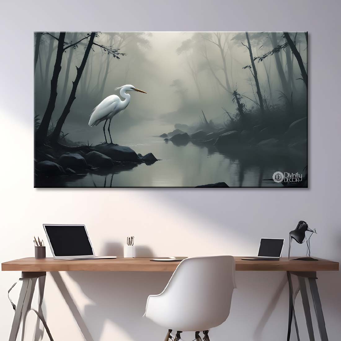 White Egret with lake and trees in a fog. - Design - Animal -8