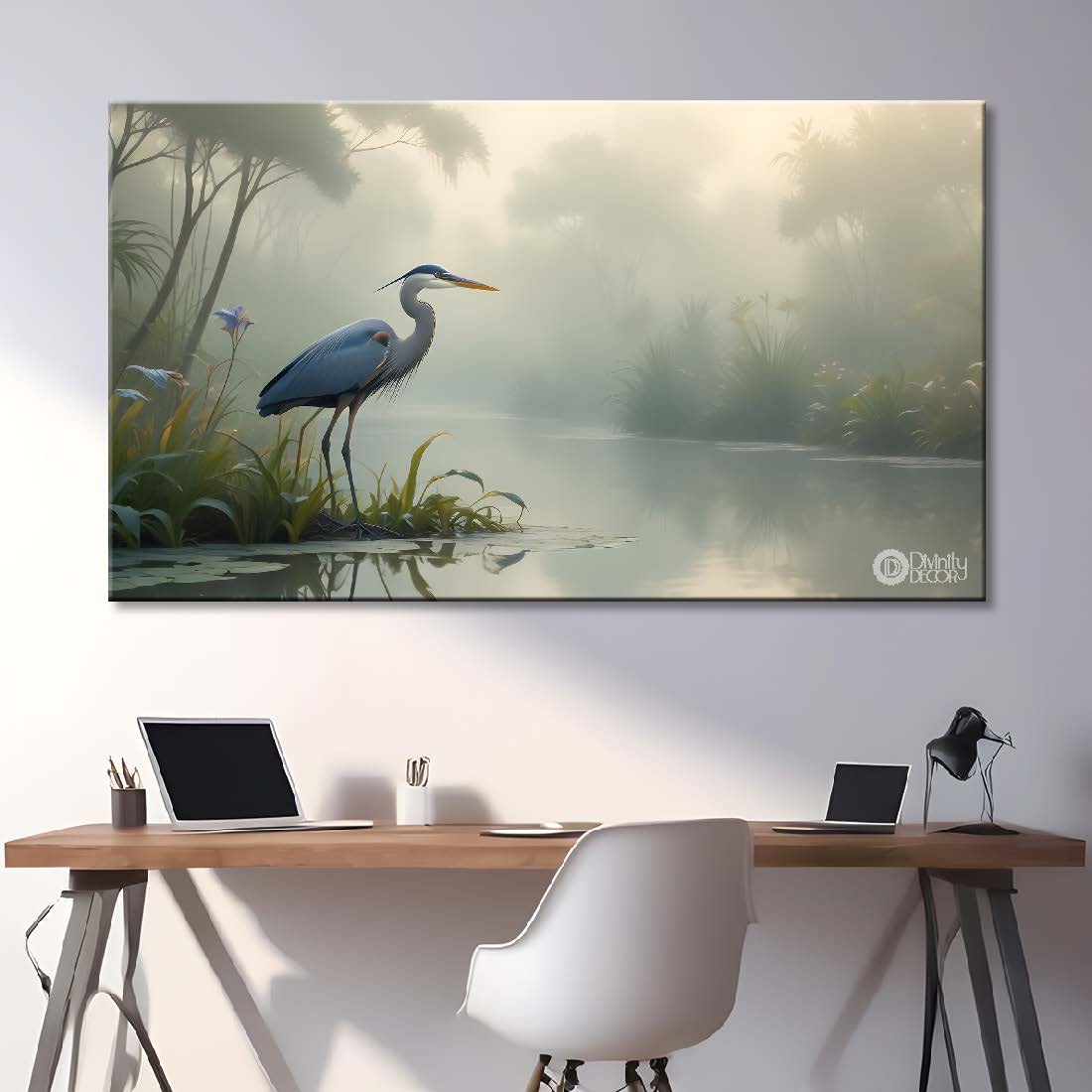 Blue Egret with lake and trees in a fog.- Design - Animal -9