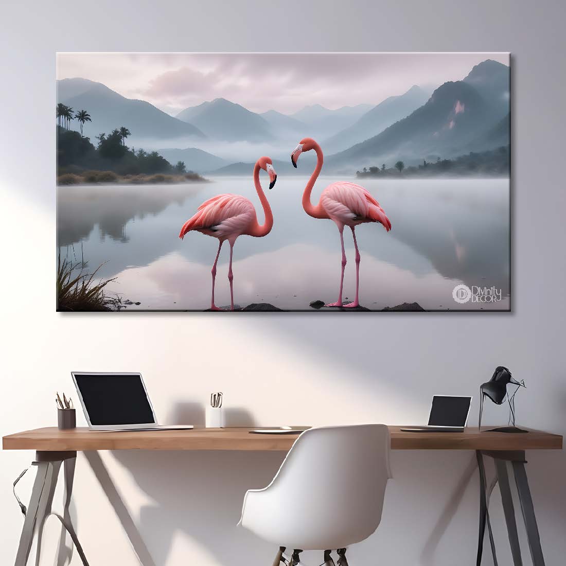 Two pink Flamingo with sea and mountains in pink background textured art.- Design - Animal -10