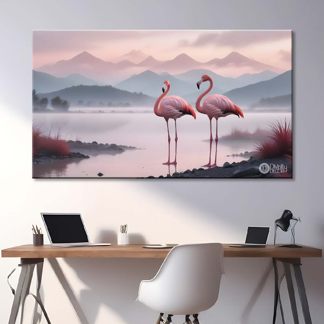 Two pink Flamingo with sea and mountains in pink background textured art.- Design - Animal -11