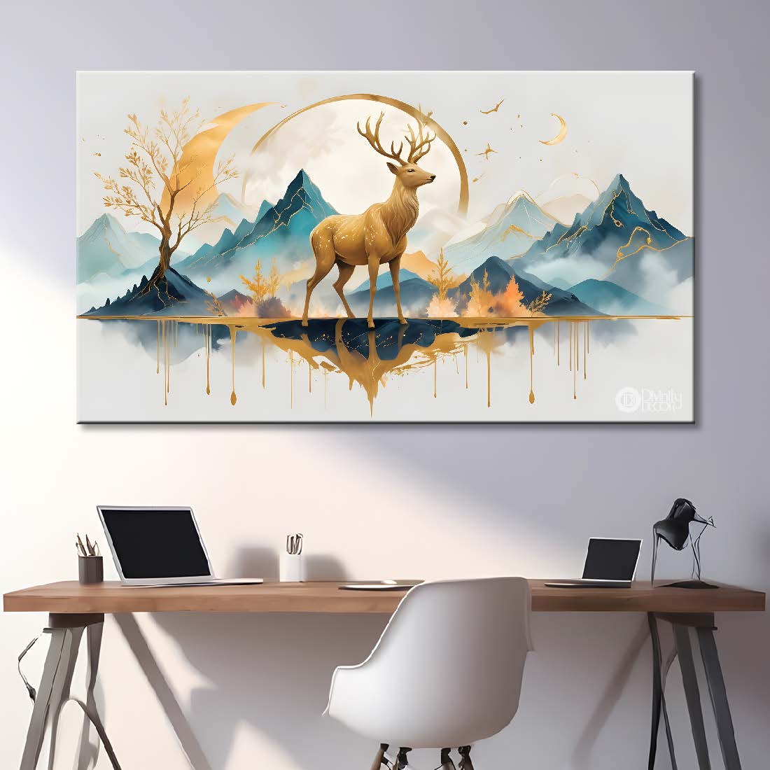 Golden Deer with mountains and moon in textured art.- Design - Animal -13