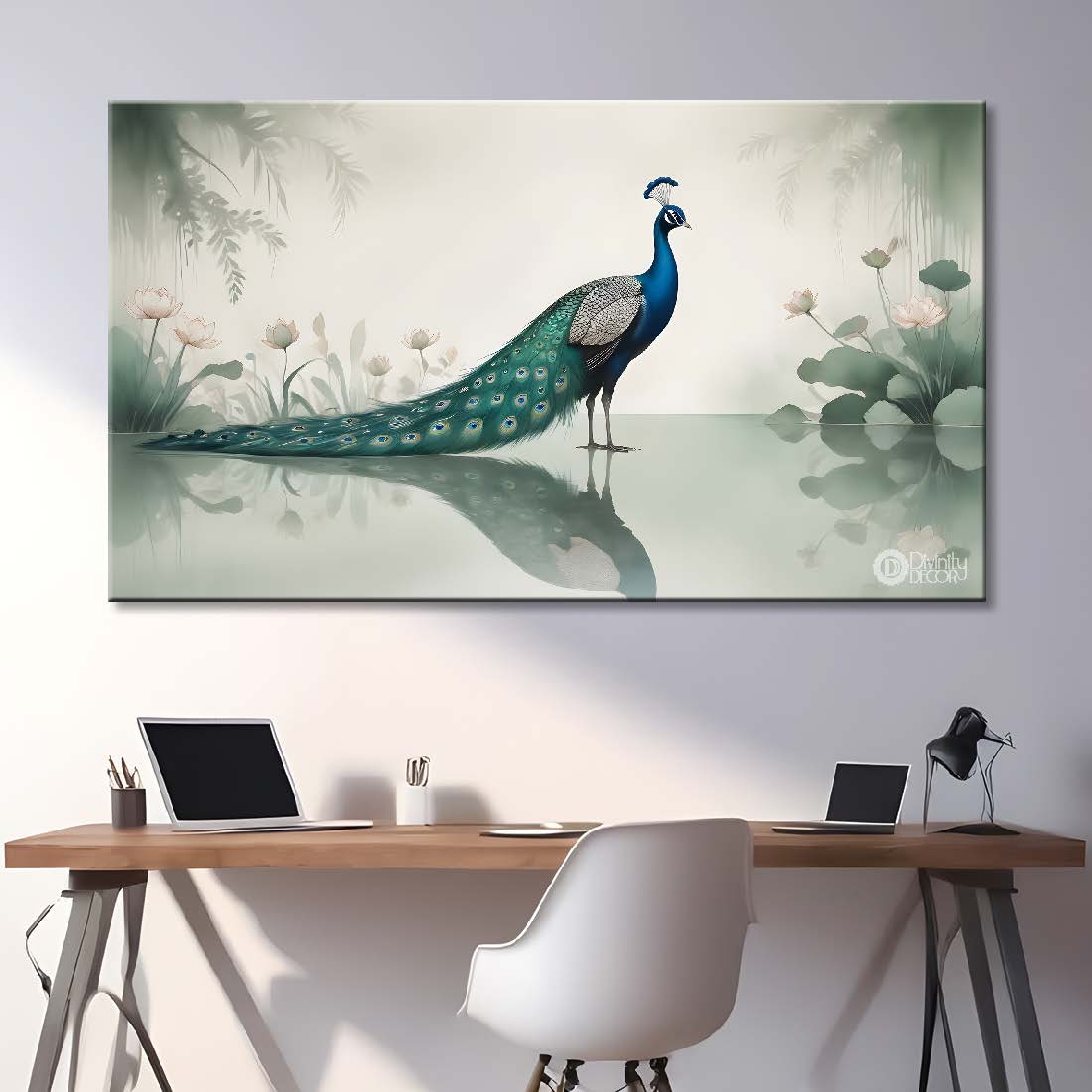 Peacock with flowers and trees in fog textured art.- Design - Animal -16