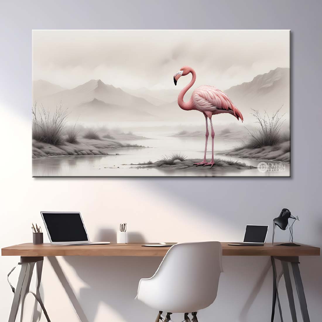 Pink Flamingo with mountains and fog textured art.- Design - Animal -20