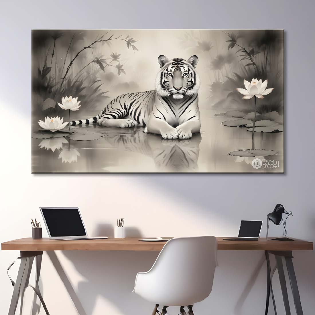 Black and White Tiger with white lotus and fog textured art.- Design - Animal -21