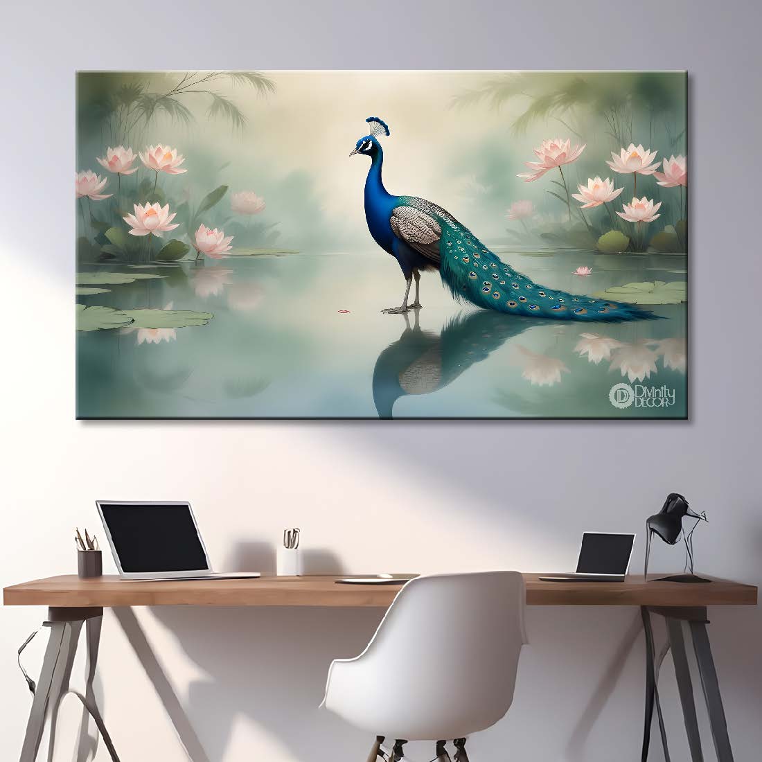 Peacock with lotus in fog textured art.- Design - Animal -22