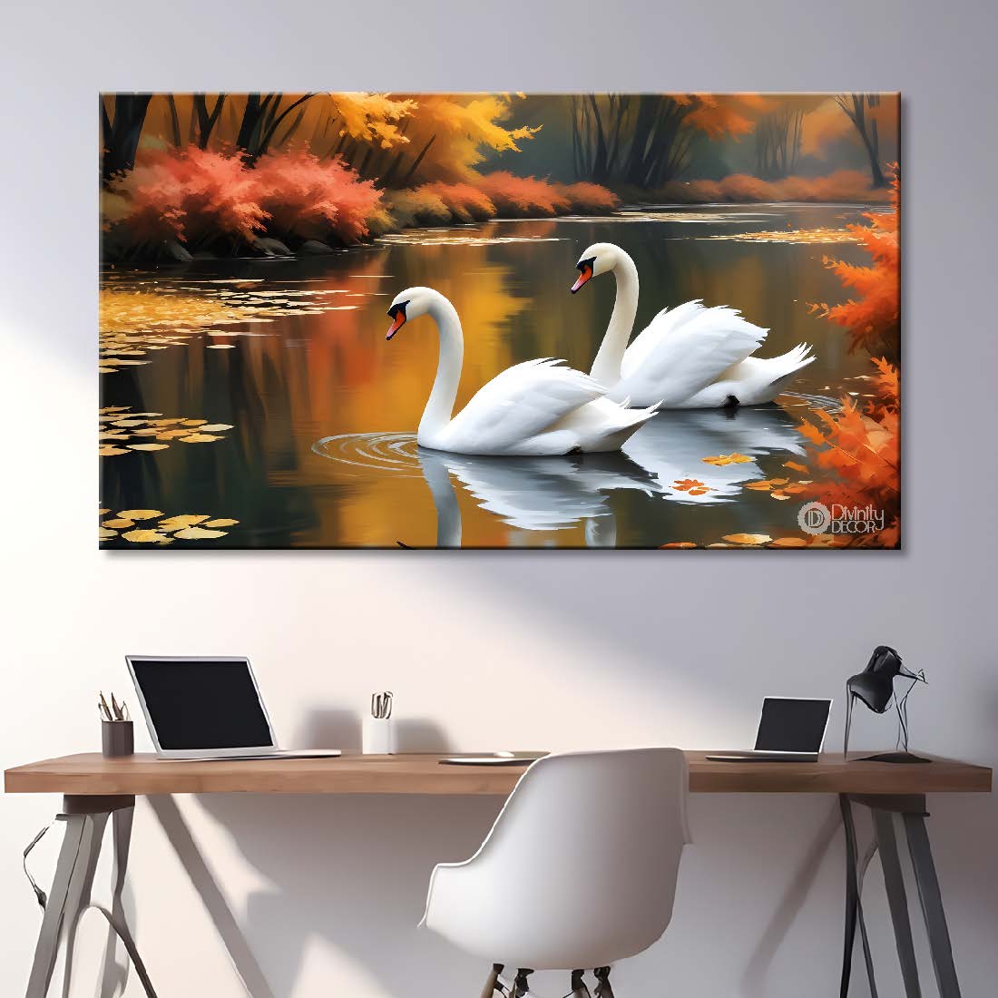 Two Swans floating in orange and yellow tree textured art. - Design - Animal -24