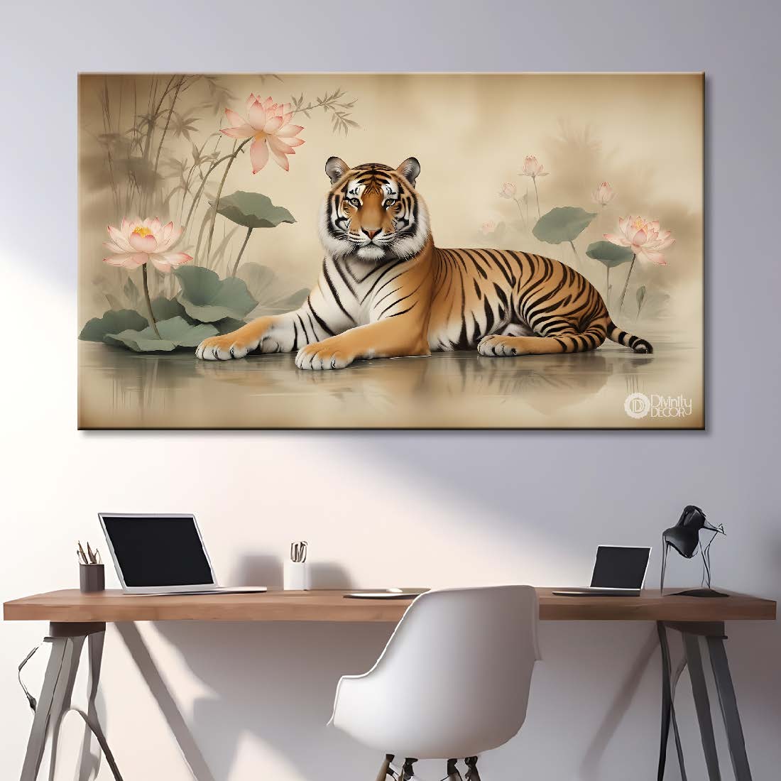 Tiger with lotus in light background textured art.- Design - Animal -25