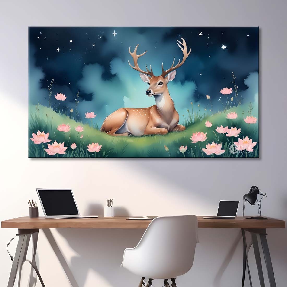 Deer lotus in blue textured background art.- Design - Animal -26