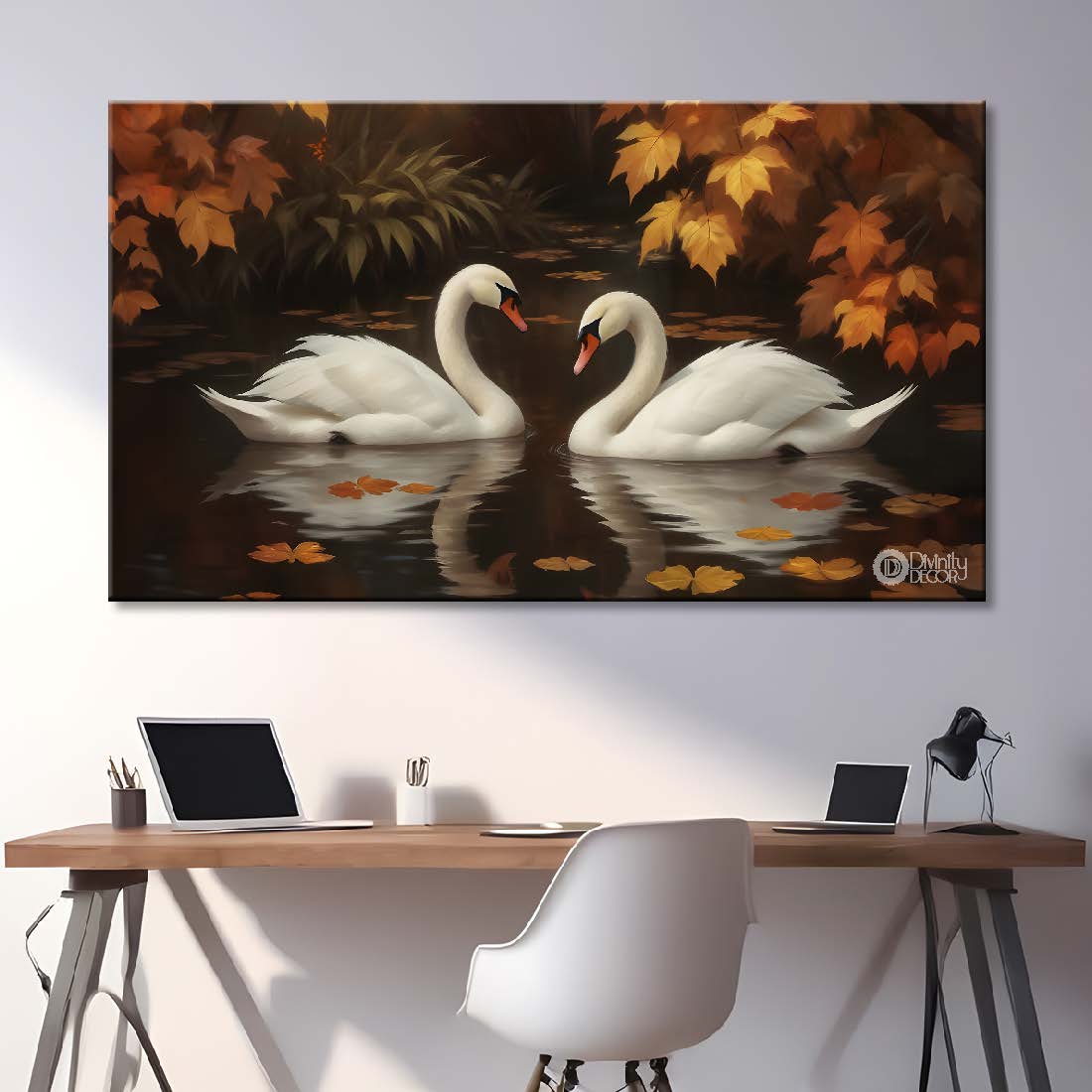 Two Swans floating in yellow textured art. - Design - Animal -27