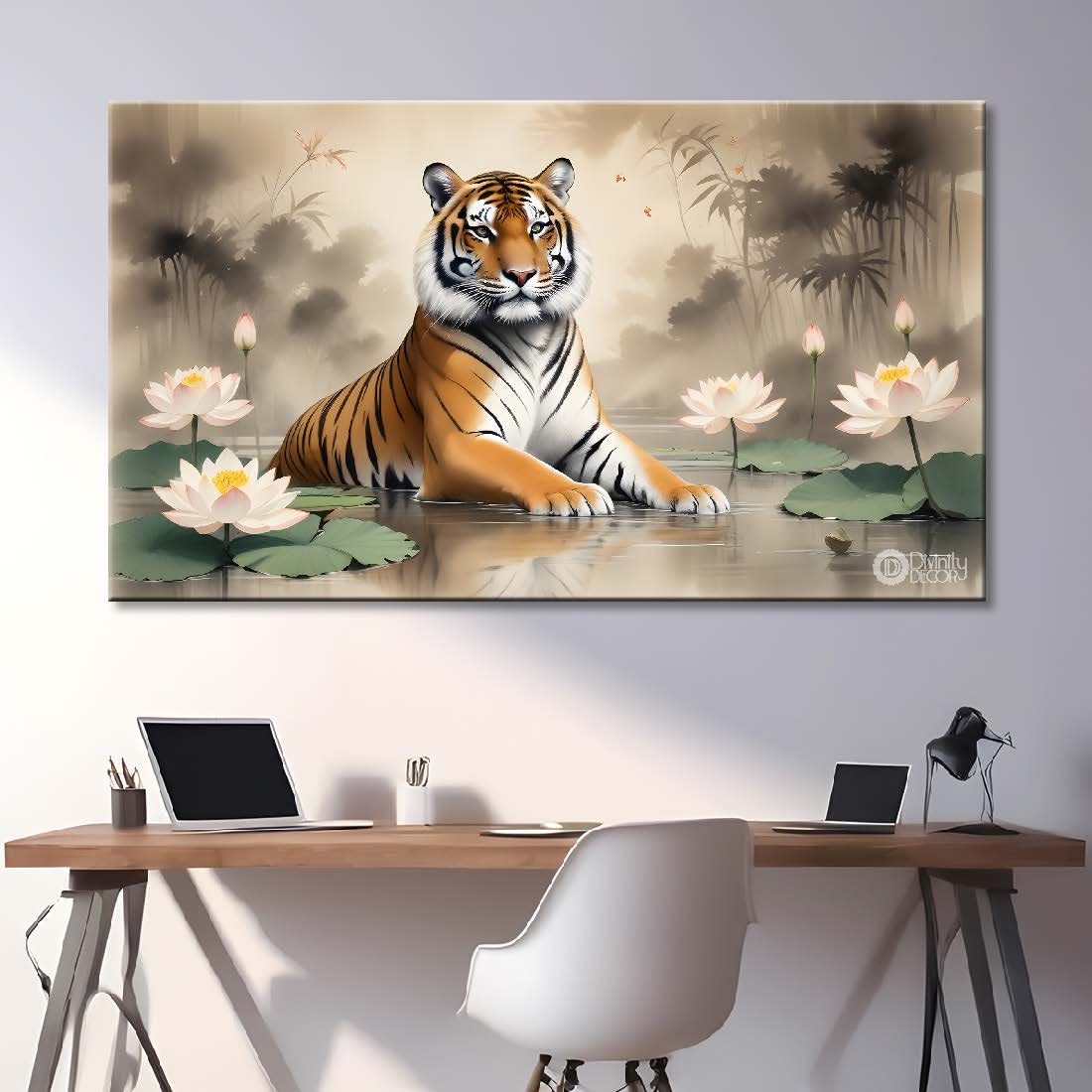 Tiger with lotus in light background textured art.- Design - Animal -28