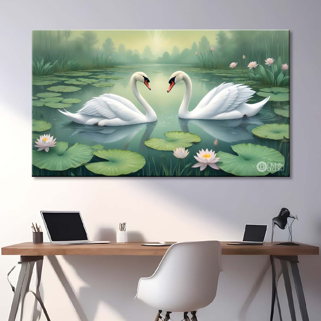 Two Swans floating with lotus textured art. - Design - Animal -29