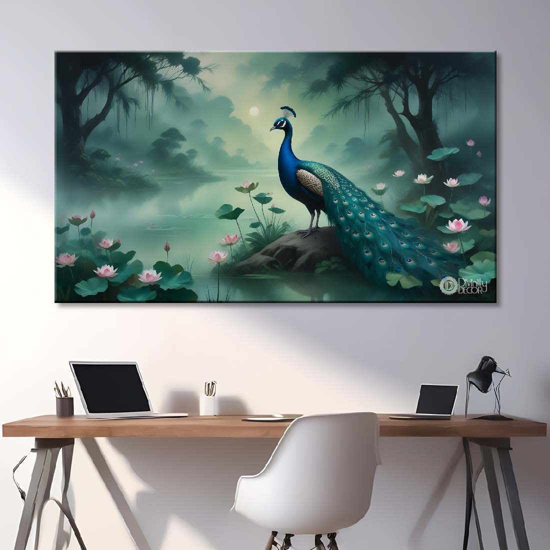 Peacock with lotus in fog textured art.- Design - Animal -30